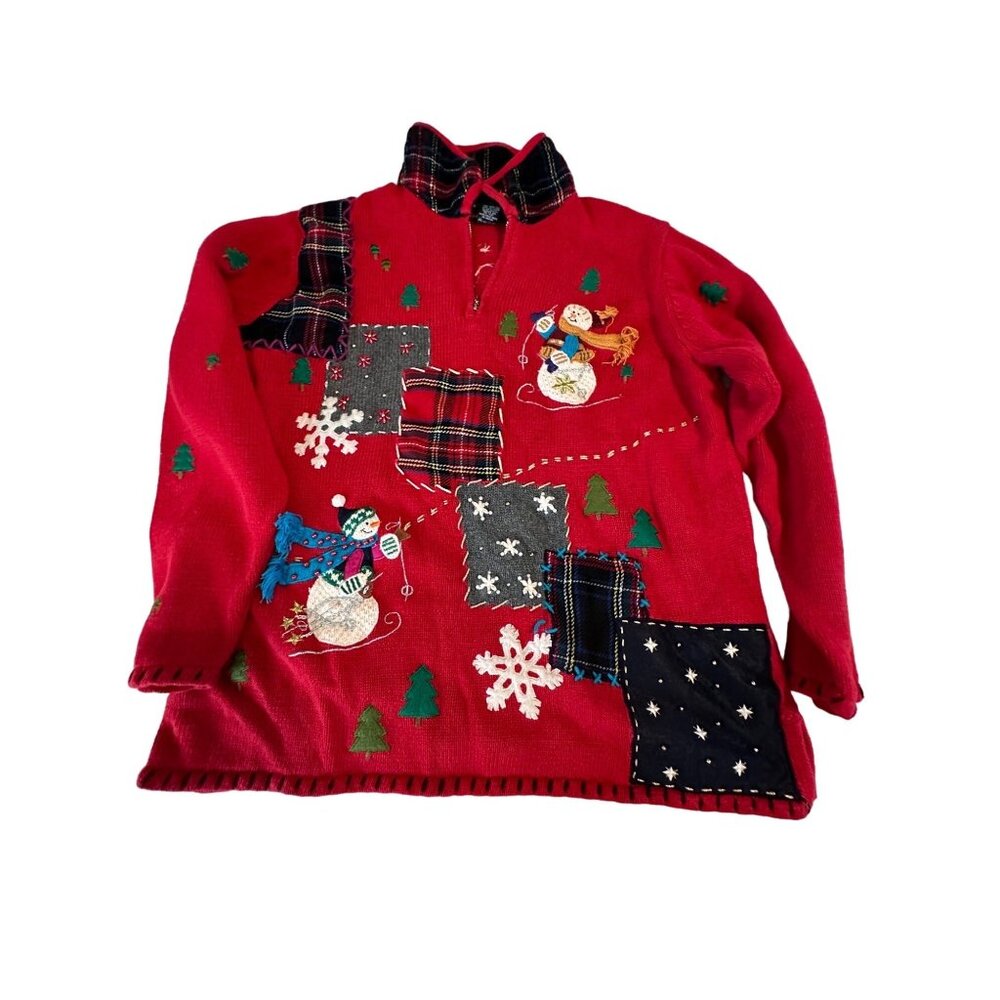 VTG Studio Joy Ugly Christmas Sweater XL Parchwork Novelty Embroidered  Snowman